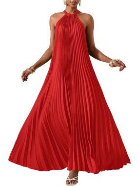 〽️Women's Red Pleated Maxi Dress Halter Neck Flowy Beach Wedding Guest Dress